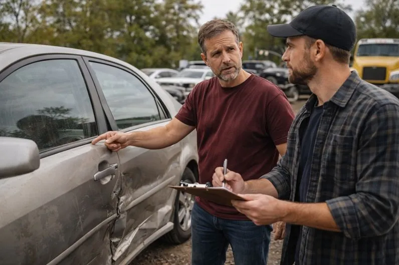 Car owner disclosing damage details during a junk car inspection to receive an accurate cash offer in Colorado