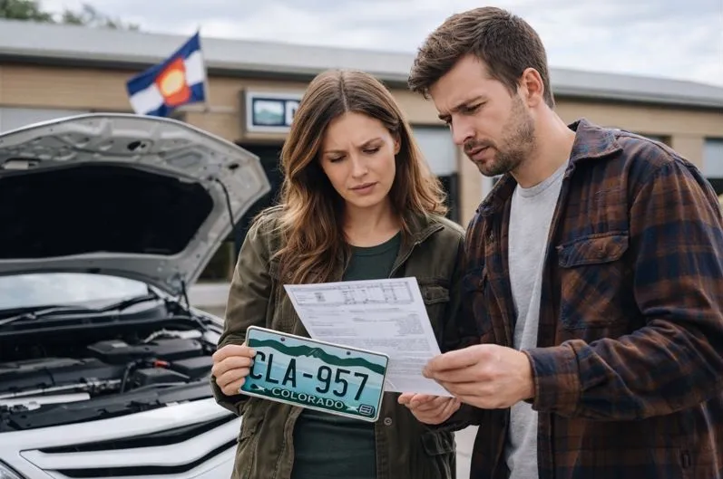 Colorado car owners reviewing title documents and license plate while checking VIN under open hood