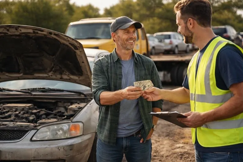 Running junk car being sold for cash at a Colorado auto salvage yard with seller receiving payment