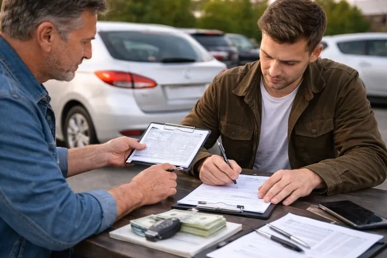 Completing car sale paperwork in Colorado with buyer signing documents and seller transferring ownership.