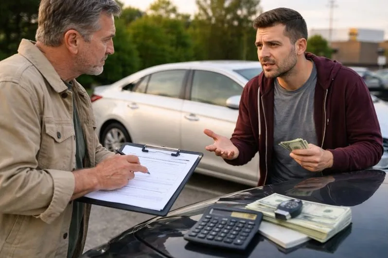 Car price negotiation in Colorado with a private buyer and seller discussing value and payment during a vehicle sale.