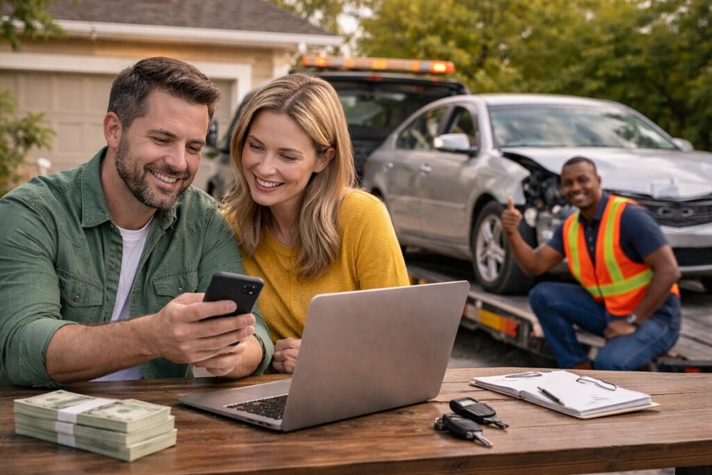 Couple reviewing junk car quote online as damaged vehicle is picked up by tow truck for cash in Colorado.
