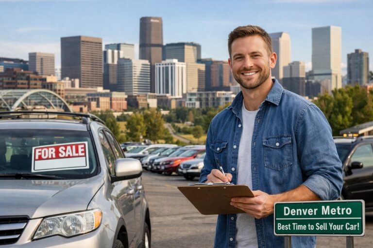 Denver Metro car seller holding clipboard beside SUV with for sale sign, SellMyCarColorado service.