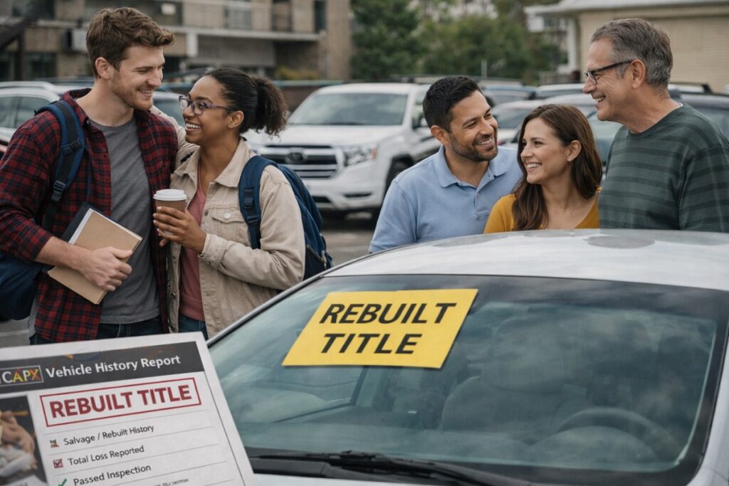 Diverse car buyers reviewing rebuilt title vehicle at dealership with SellMyCarColorado.