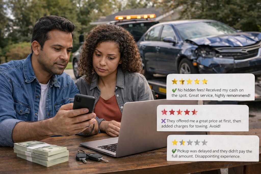 Customers checking reviews before choosing a reliable junk car buyer as damaged vehicle is towed for cash in Colorado.