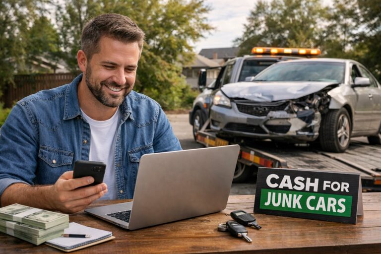 Man getting a quote for a junk car online while damaged vehicle is loaded onto tow truck for cash sale in Colorado.