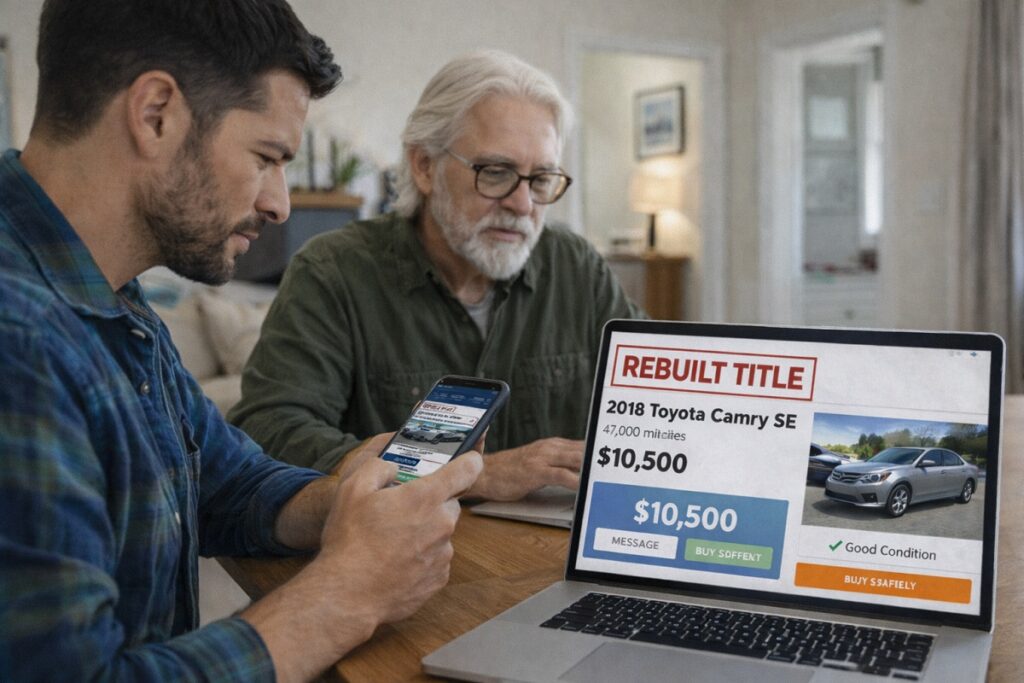 Two buyers comparing rebuilt title car listing online before selling with SellMyCarColorado.