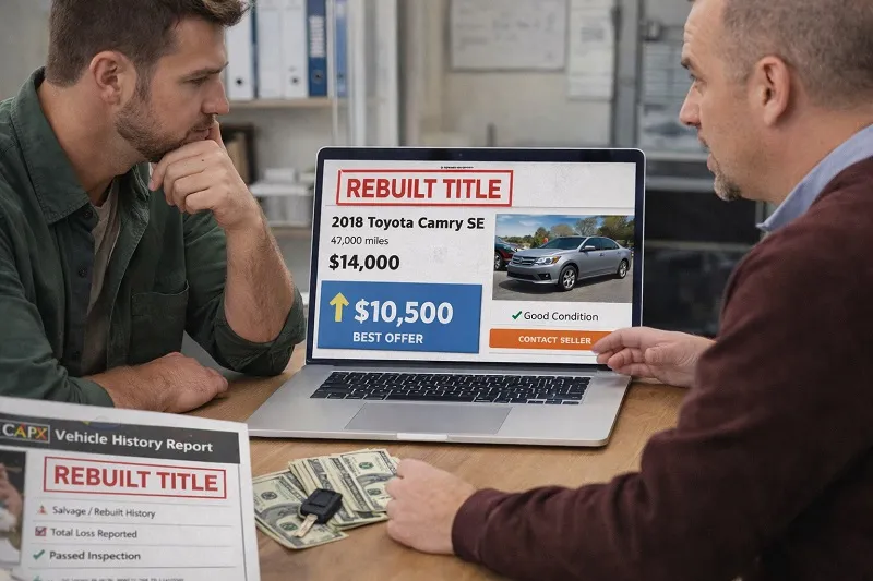 Buyers reviewing rebuilt title car price offer on laptop during negotiation with SellMyCarColorado.