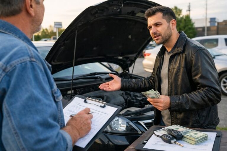 Selling your car in Colorado with a private buyer inspecting the vehicle, discussing price, and reviewing paperwork on site.