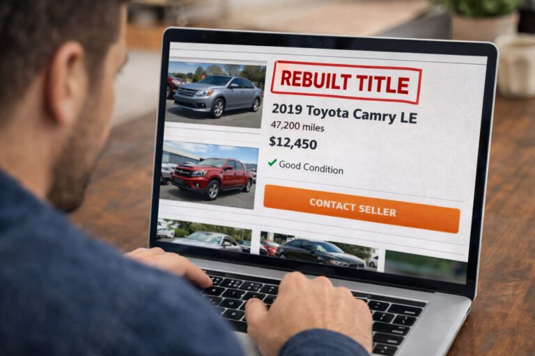Person browsing online car listing marked rebuilt title while researching options with SellMyCarColorado.