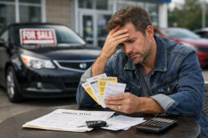 Man reviewing unpaid parking tickets and vehicle title while preparing to sell his car in Colorado