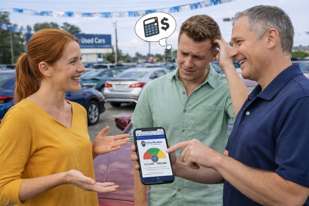 People discussing Kelley Blue Book value on a phone while evaluating a used car at a dealership