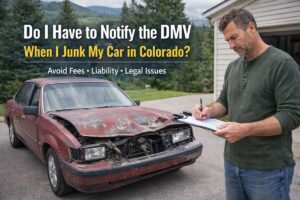 Man reviewing paperwork beside junk car in Colorado driveway DMV requirements