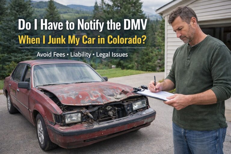 Man reviewing paperwork beside junk car in Colorado driveway DMV requirements