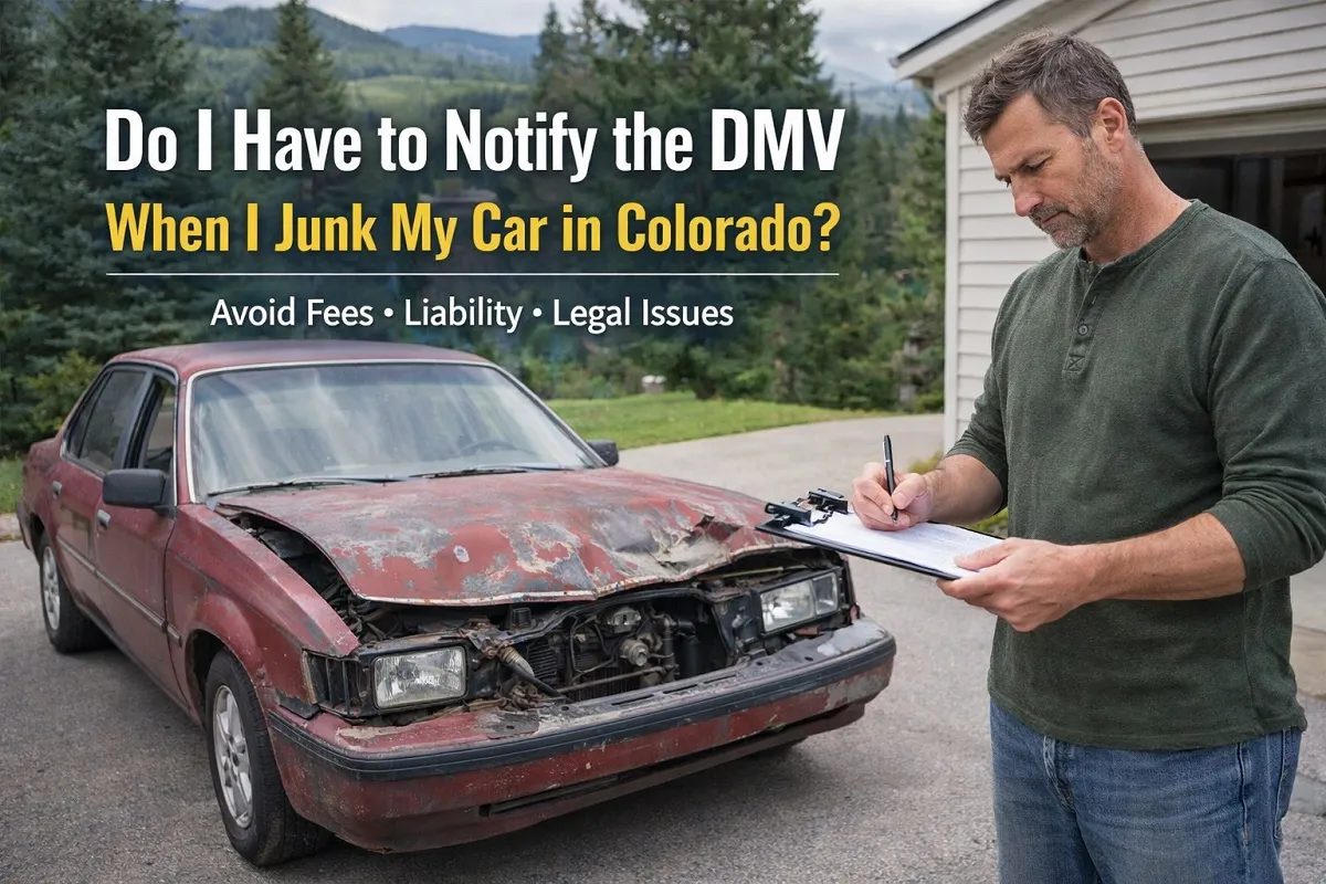 Man reviewing paperwork beside junk car in Colorado driveway DMV requirements