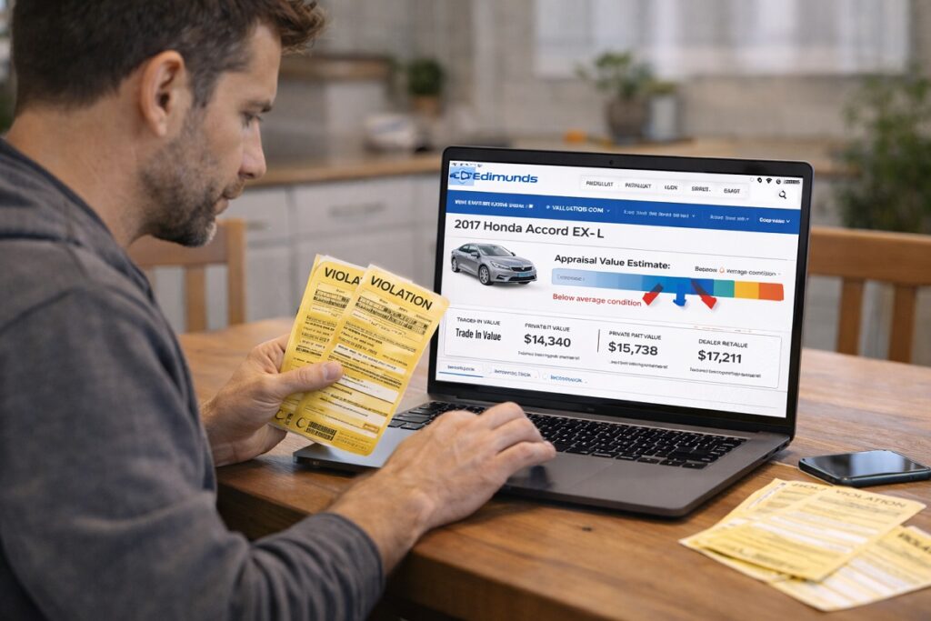 Colorado car owner checking online car value while holding unpaid parking tickets