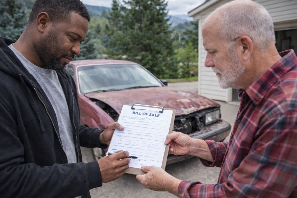 Signing bill of sale for junk car in Colorado driveway