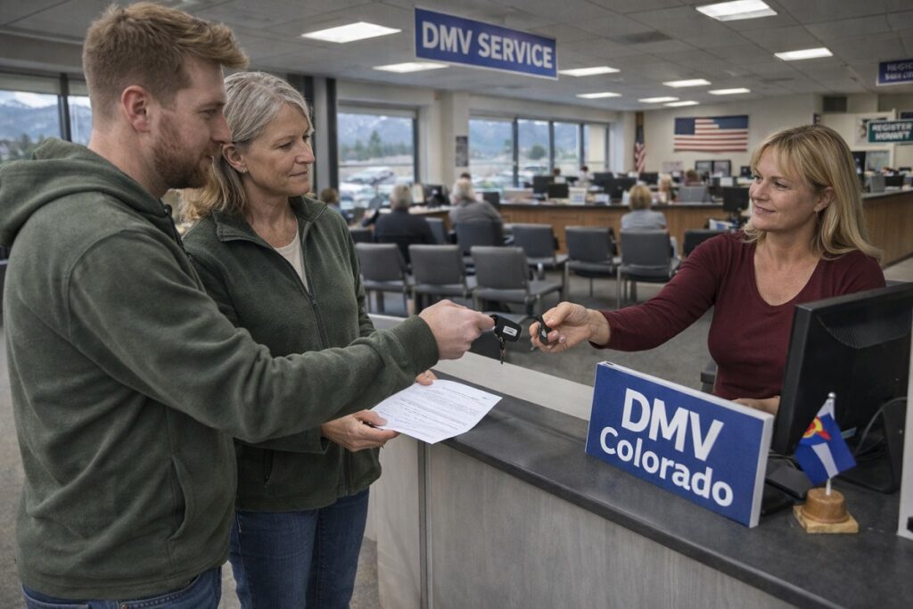 Customer handing car keys and paperwork at Colorado DMV office