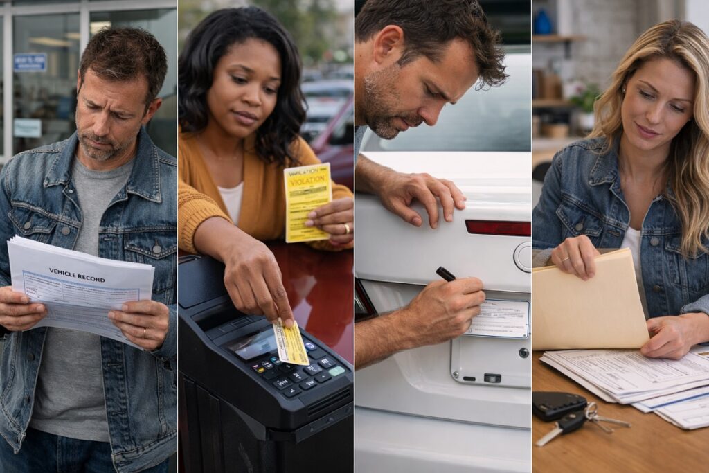 Colorado car sellers reviewing vehicle record paying tickets signing title and organizing sale documents