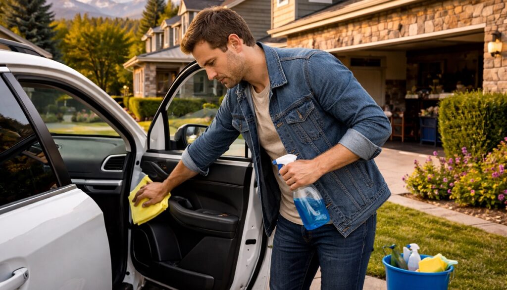 Man cleaning car in Denver driveway preparing used car for sale Colorado