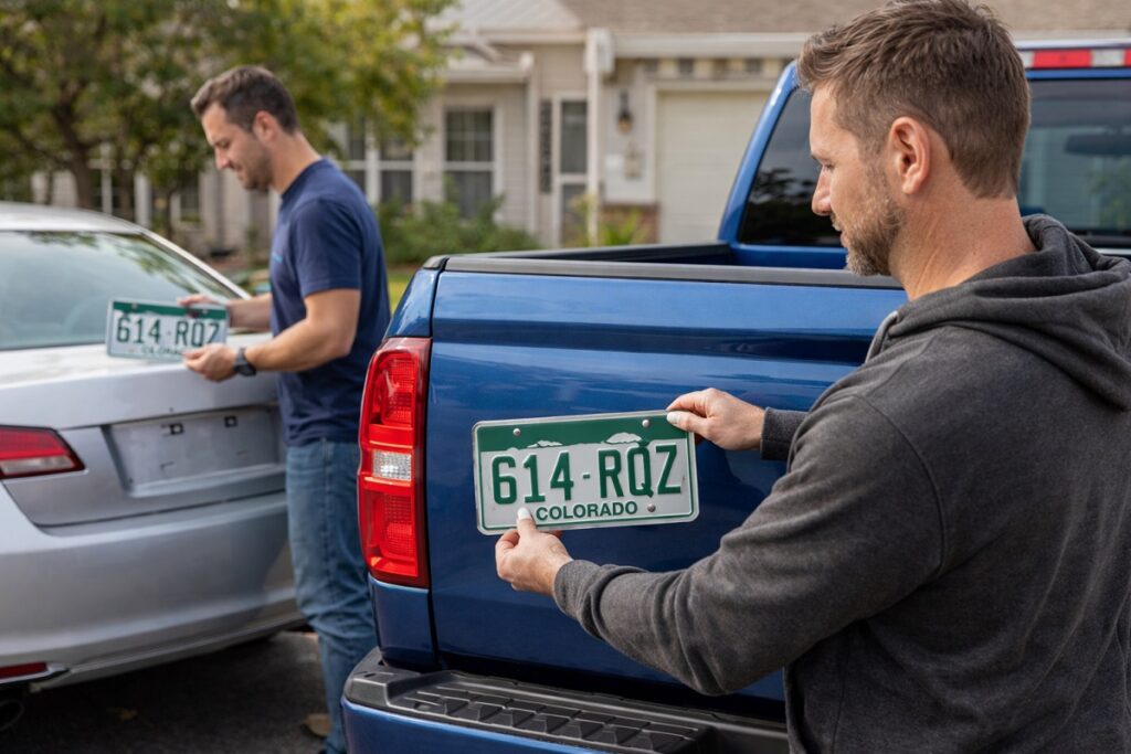 Transferring Colorado license plates between vehicles in driveway