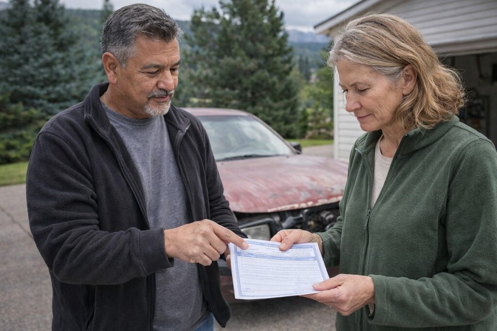 Two people transferring car title in Colorado driveway for junk car sale