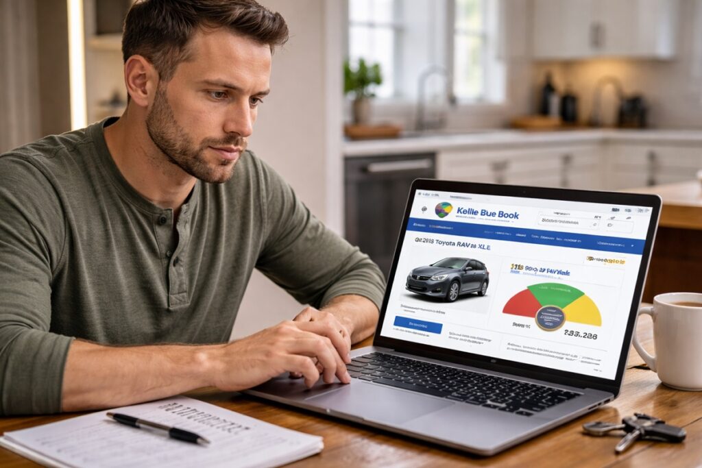 Man researching Kelley Blue Book car value on laptop before pricing his vehicle for sale