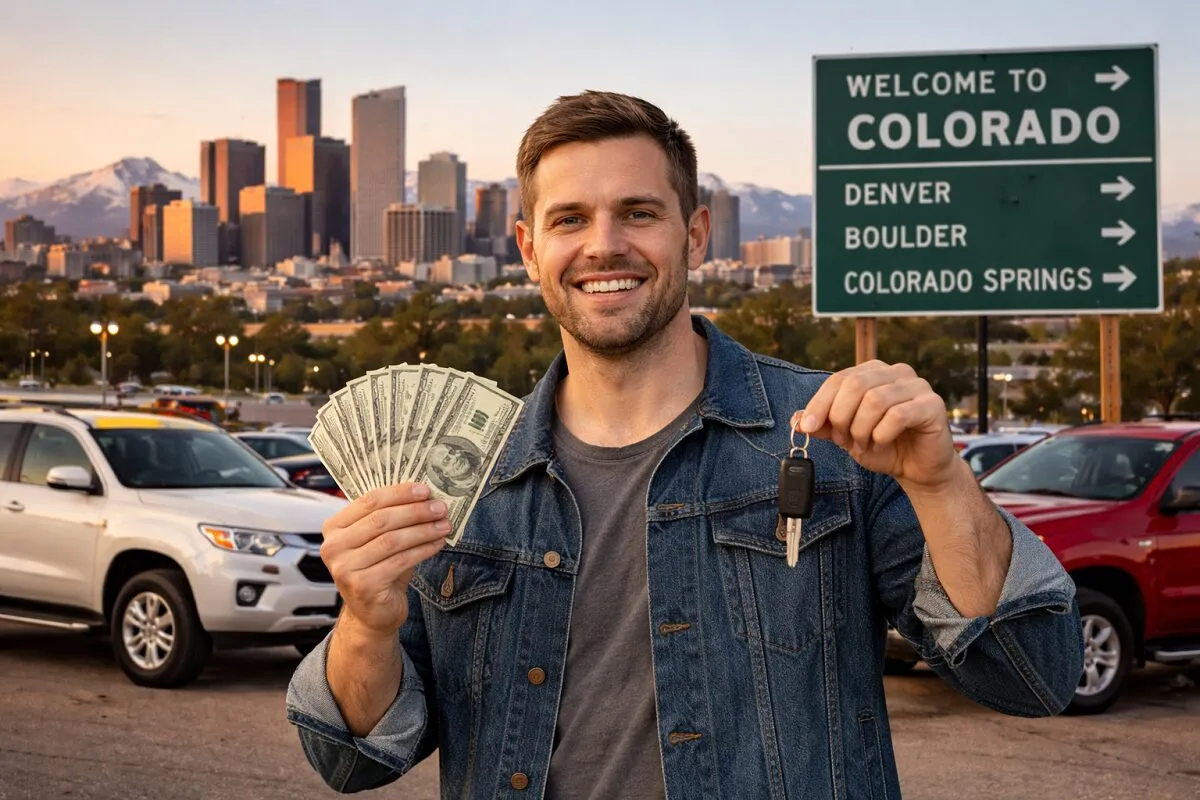Man holding cash and car keys with Denver skyline used car sale Colorado