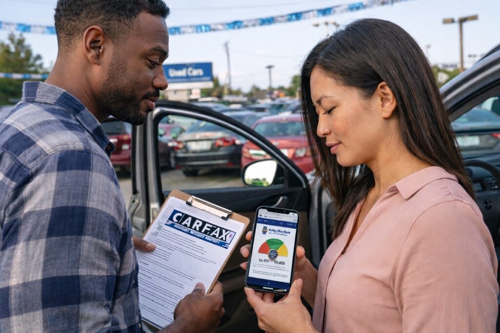 Checking Kelley Blue Book value and CARFAX vehicle history during used car appraisal at dealership