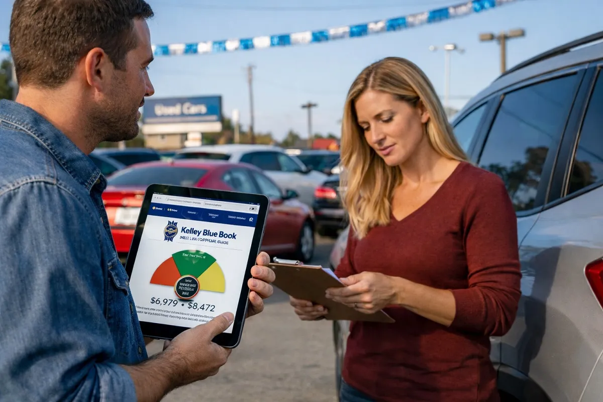Kelley Blue Book value displayed on iPad during used car appraisal at dealership lot