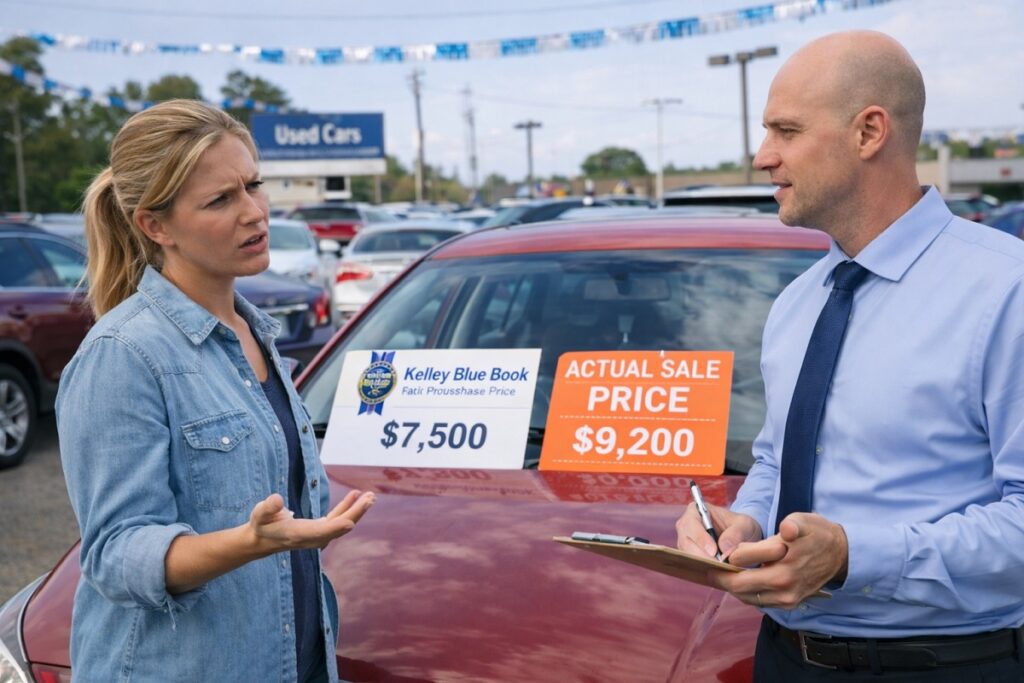 Kelley Blue Book value compared to actual used car sale price during dealership negotiation