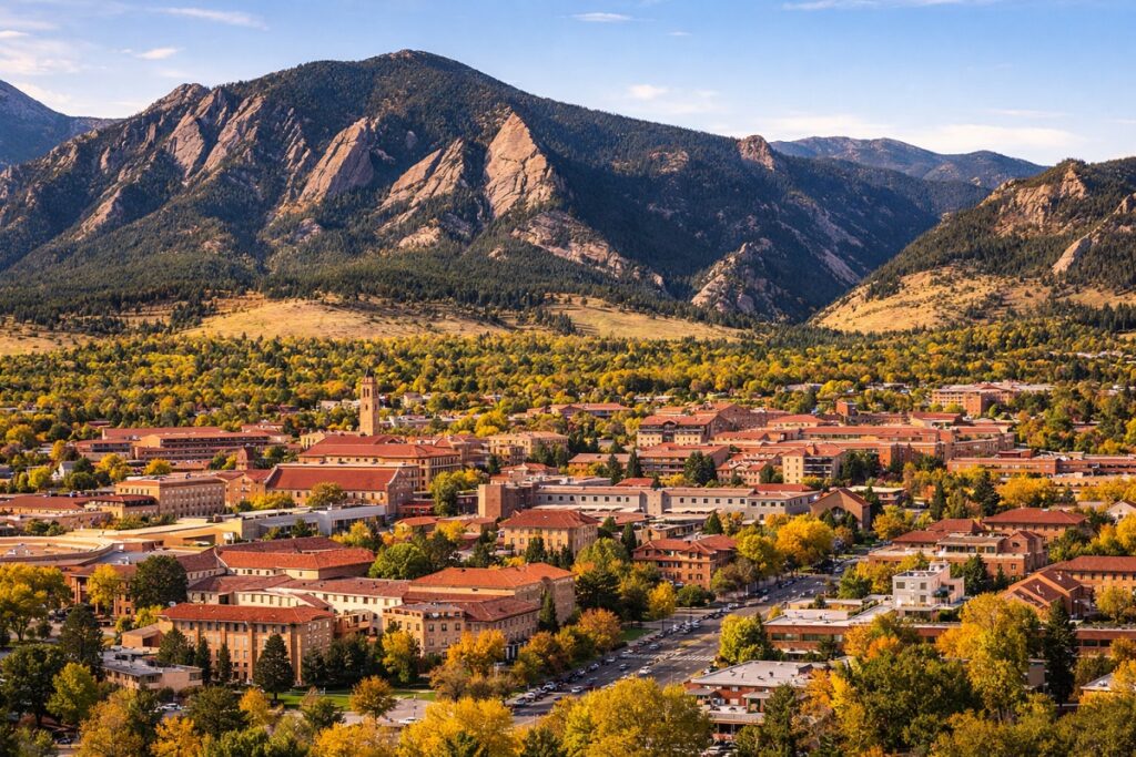 Boulder Colorado city with CU Boulder campus and Flatirons mountains