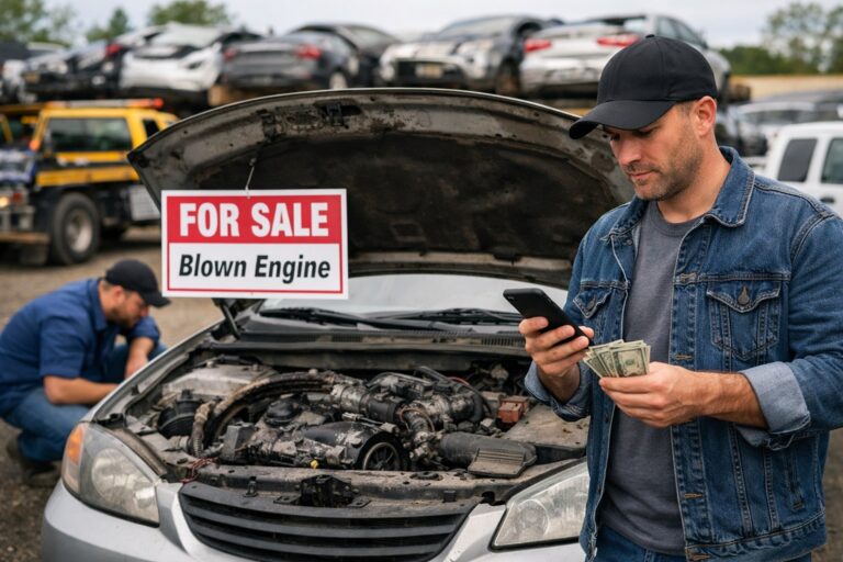 Sell car with blown engine at salvage yard with buyer inspecting vehicle