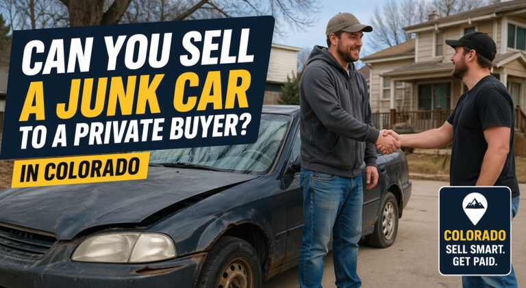 Selling a junk car to a private buyer in Colorado with handshake and damaged vehicle
