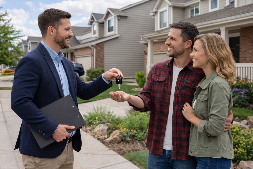 Friendly professional handing car keys to a happy couple outside a suburban Colorado home