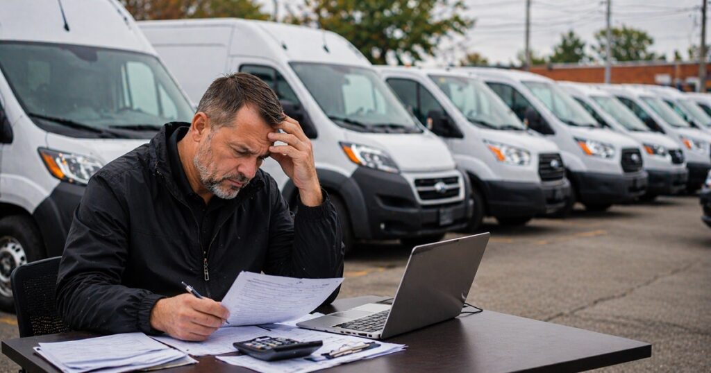 Challenges selling a fleet vehicle with owner reviewing paperwork and pricing