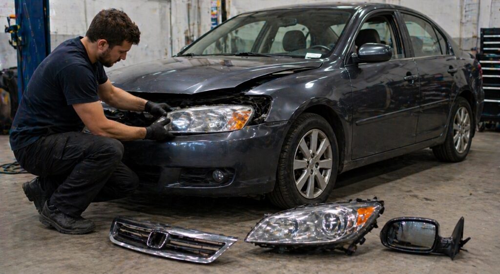 Mechanic removing exterior car parts like headlights and grille before selling for scrap