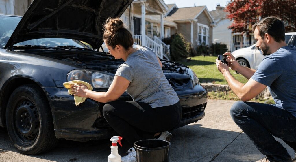 Preparing a junk car for sale in Colorado with cleaning and photos