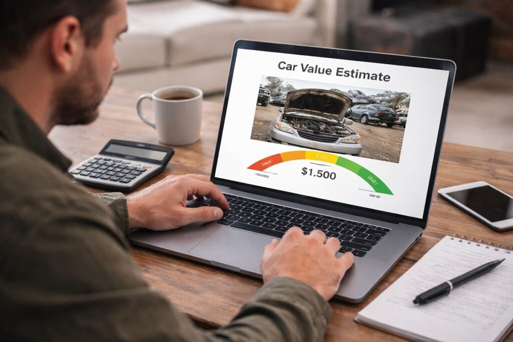 Researching value of car with blown engine on laptop for pricing