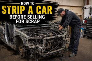 Mechanic stripping a car before selling for scrap in a professional auto workshop