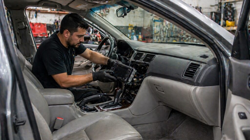 Mechanic removing dashboard components from car interior before selling for scrap