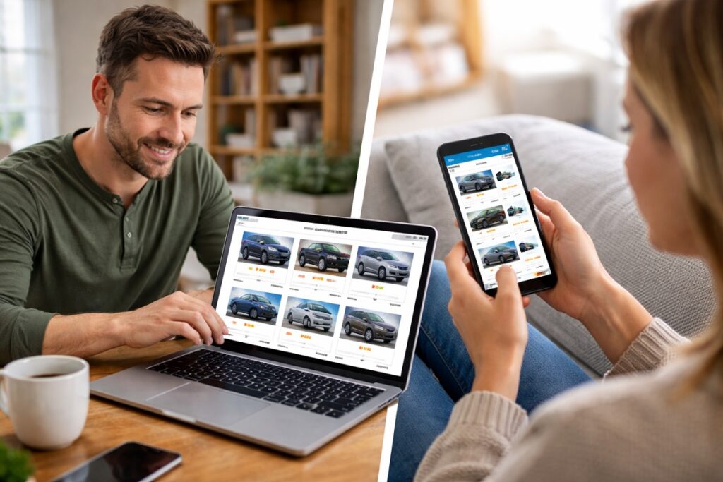 Person browsing cars online on laptop and phone while preparing to sell their current vehicle