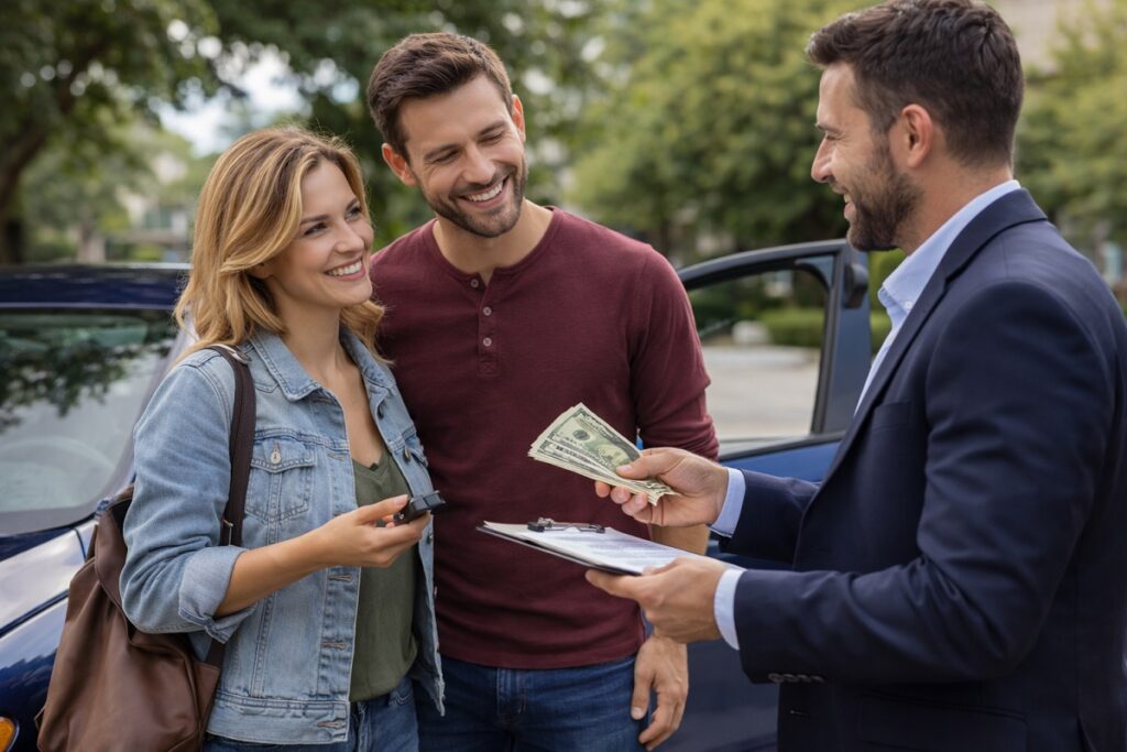 Couple selling used car to buyer with keys and cash exchange in suburban setting