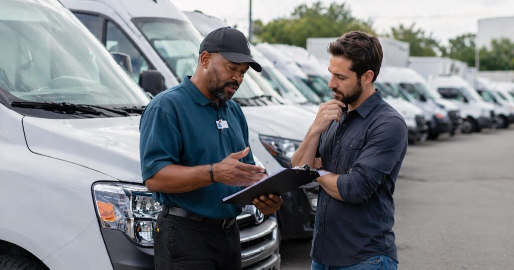 Discussing fleet vehicle sale with buyer reviewing details in commercial lot