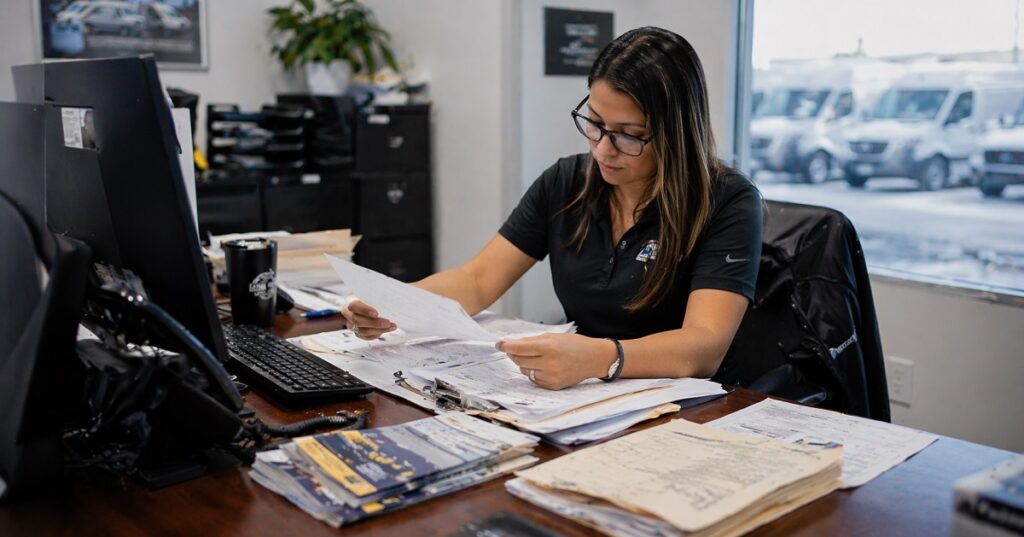 Managing documentation for selling a fleet vehicle with staff reviewing paperwork