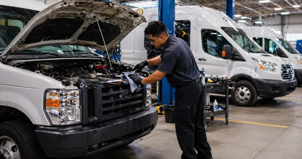 Preparing fleet vehicles for sale with technician inspecting van in service bay