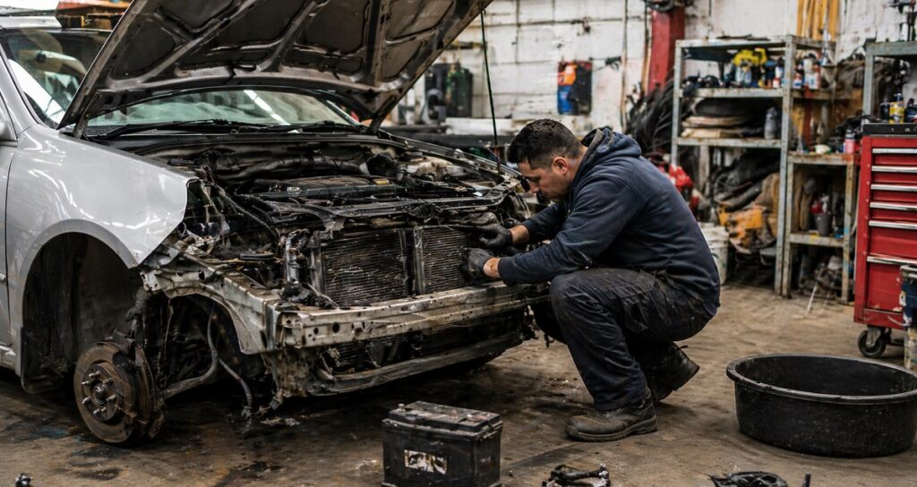 Mechanic preparing a car for stripping before selling for scrap in a busy auto workshop
