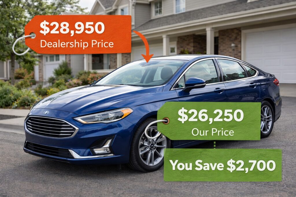 Sedan with price comparison showing dealership price vs lower price and customer savings