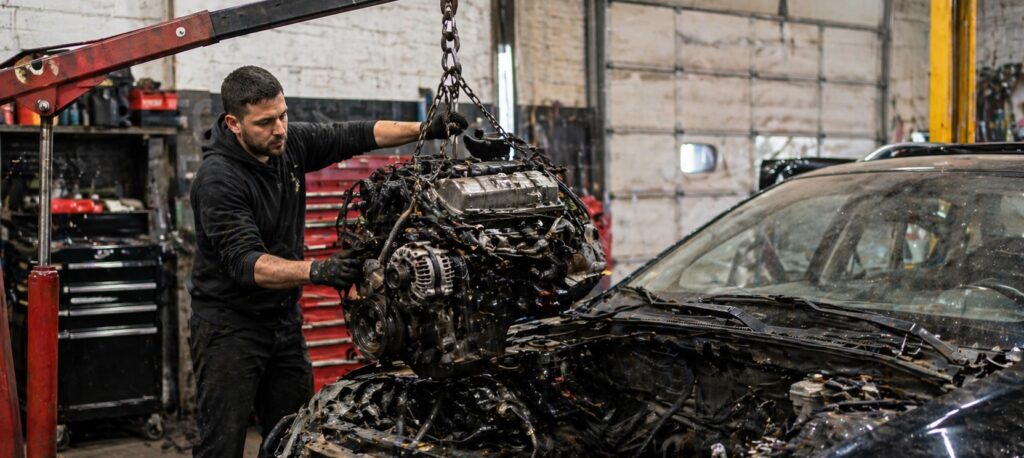 Mechanic removing engine from car before selling for scrap in auto repair shop