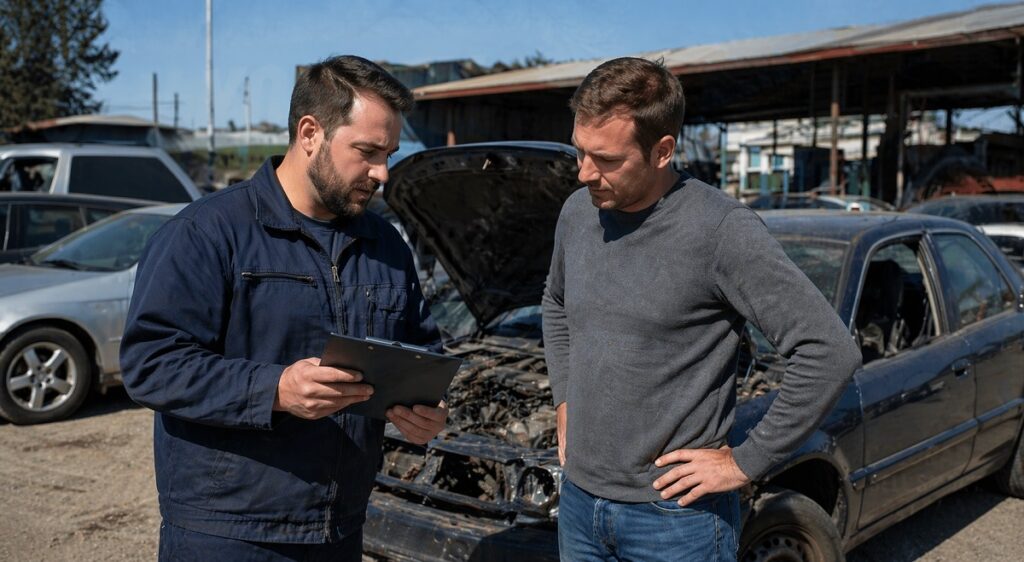 Private buyer inspecting a junk car in a Colorado salvage yard with mechanic